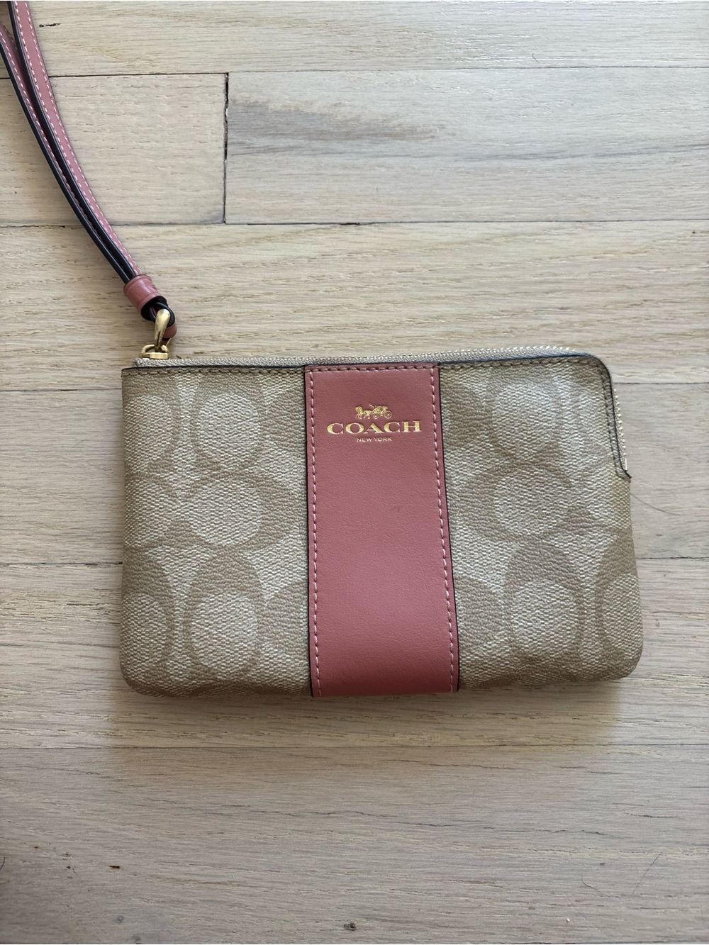 Coach Signature Canvas Wristlet in Tan with Dusty Rose Stripe